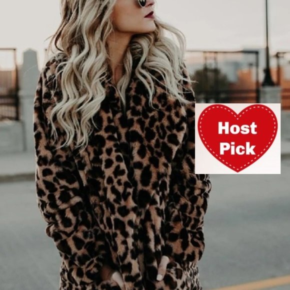 Womens Faux Fur Leopard Print Jacket Winter Warm Trench Coat Fluffy Overcoat - Picture 1 of 13